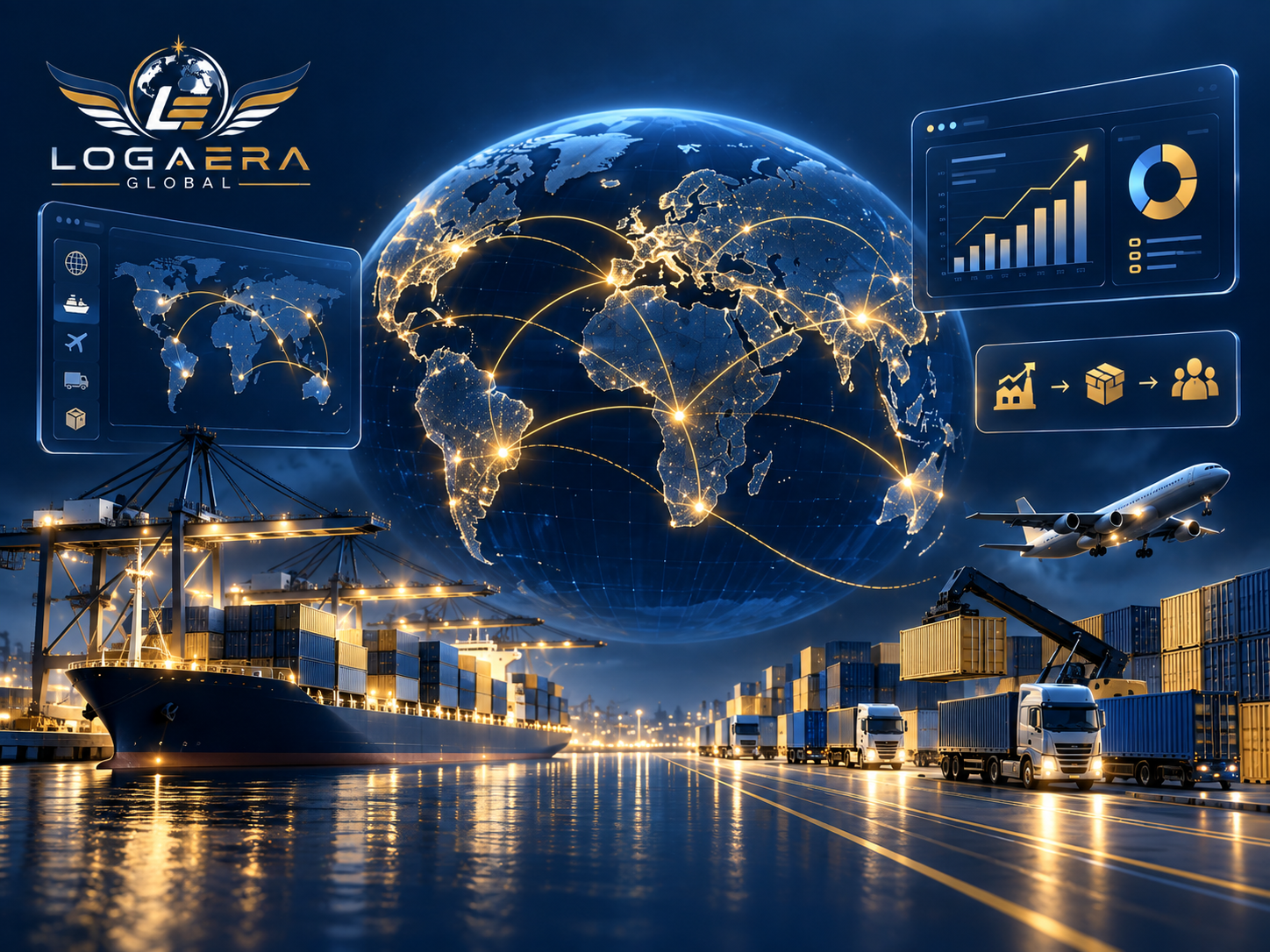 Global sourcing and logistics network connecting suppliers, ports, air freight, and international trade routes