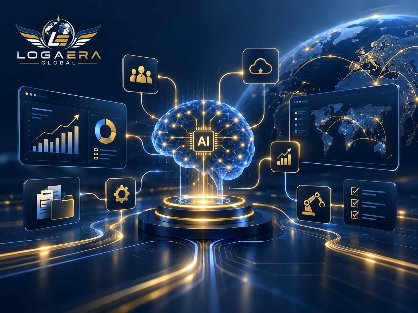 AI automation command center connecting workflows, knowledge, analytics, cloud, and business operations