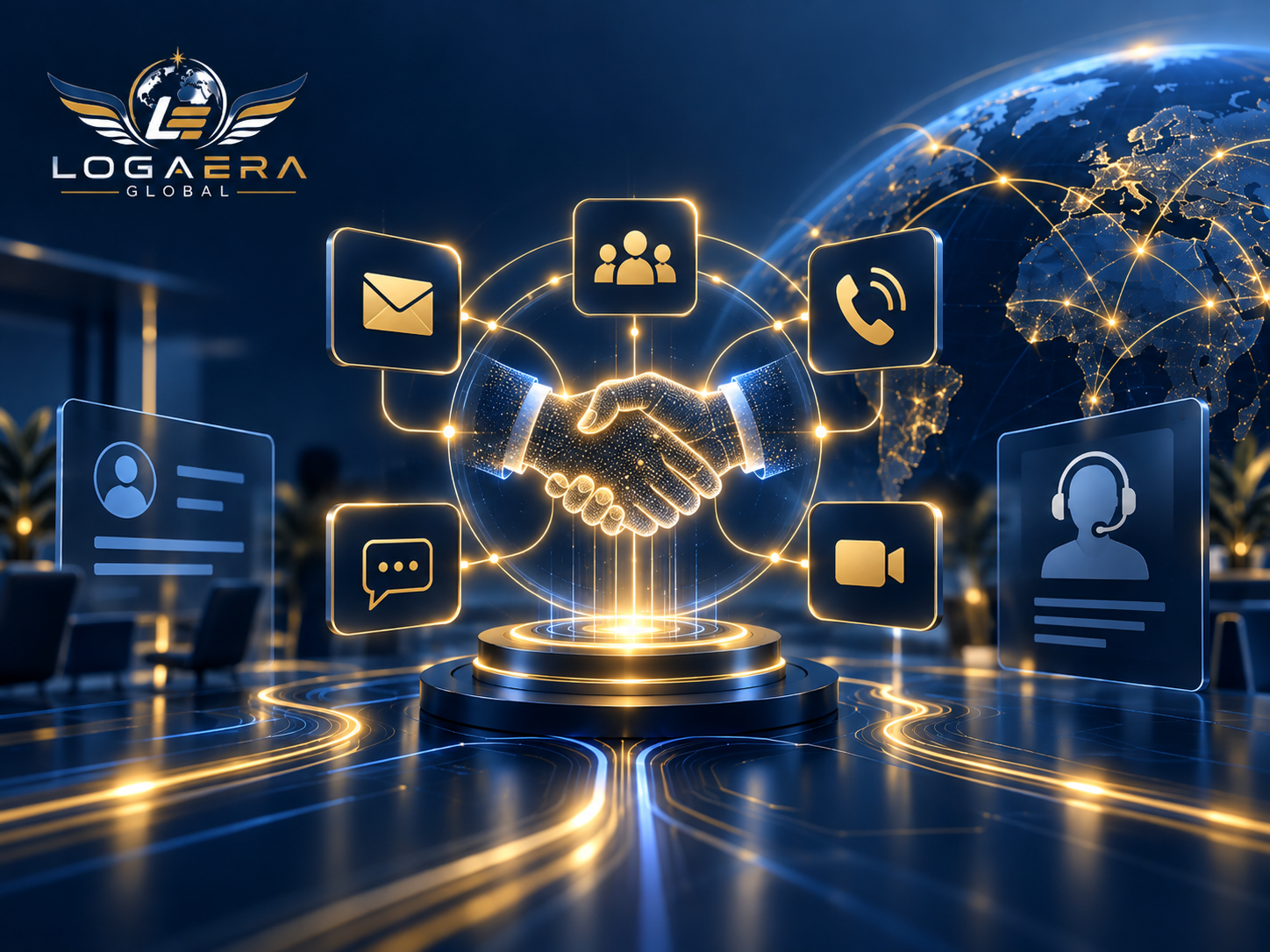 Integrated business technology hub connecting workflow automation, systems, analytics, cloud, and global operations